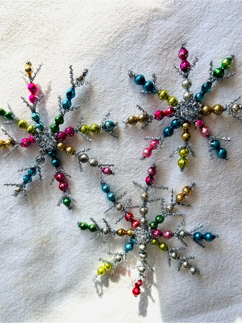 3 Vintage repurposed holiday Christmas glass garland bead snow flake ornaments